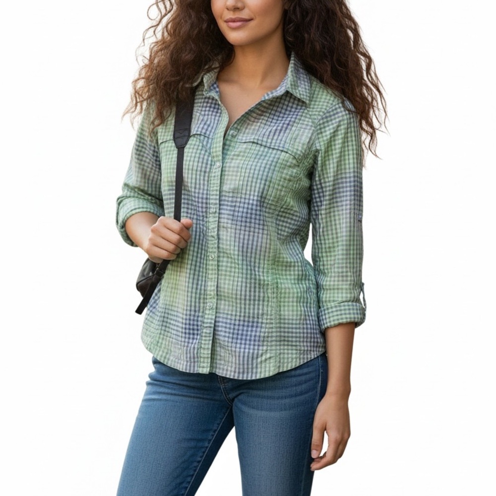 Columbia Green and Blue Checkered Button-Up Shirt